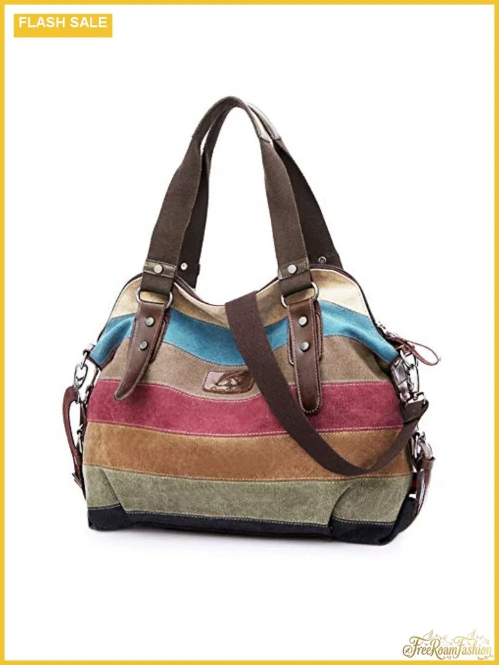 Cotton Canvas Crossbody Shoulder Bag Multi-Color Striped Lattice Handbag Tote